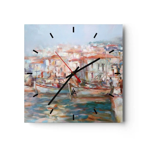 Orologio da parete - Orologio in Vetro - Impressione del porto con barche ed edifici - 30x30cm - Vacanze in pastello - Decorazione murale moderna per soggiorno e camera da letto ARTTOR
