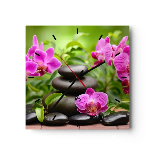 Orologio da parete - Orologio in Vetro - Orchidee rosa con pietre su sfondo verde - 30x30cm - Piramide di pace - Decorazione murale moderna per soggiorno e camera da letto ARTTOR