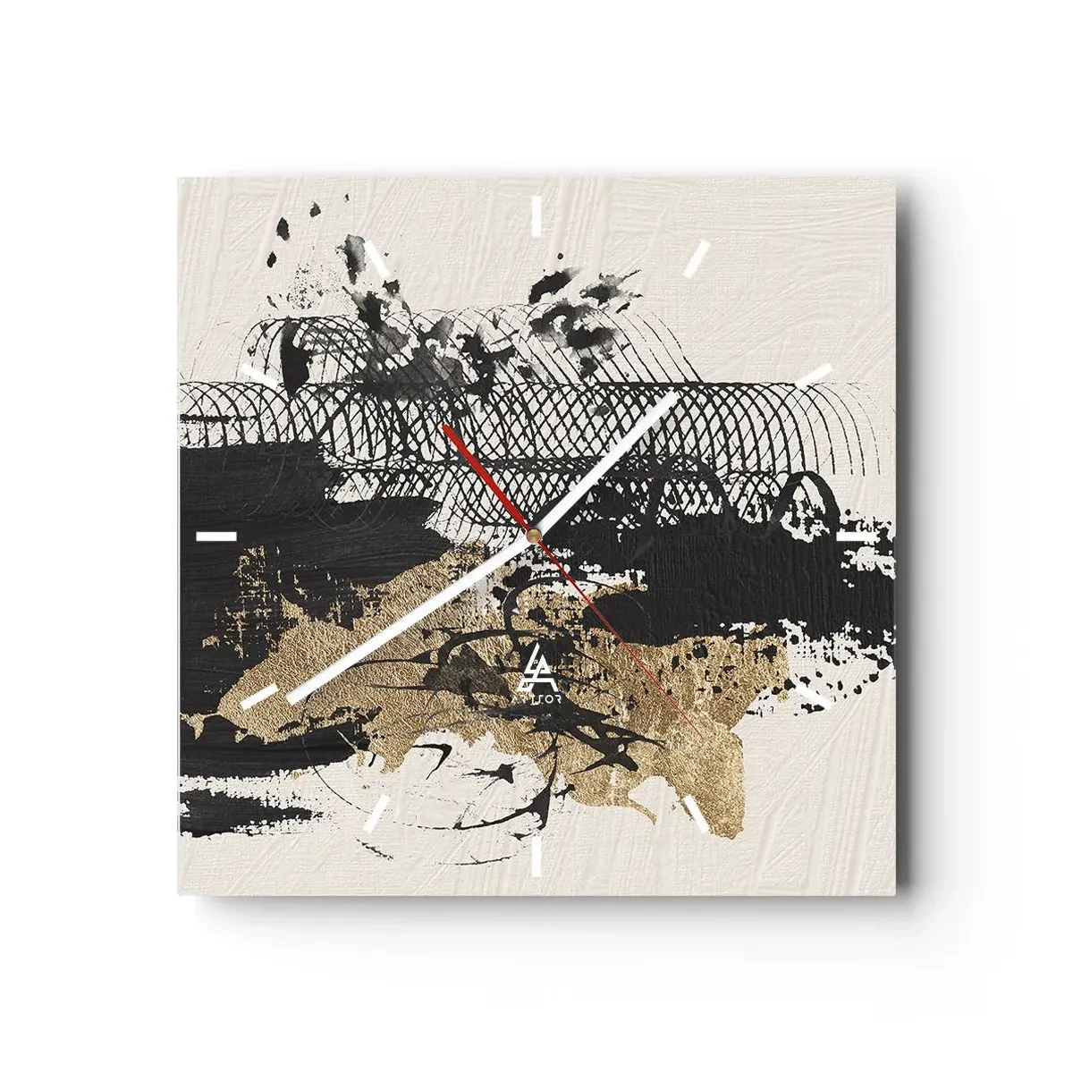 Orologio da parete - Orologio in Vetro - Un dipinto astratto in nero e oro con linee e strutture dinamiche. - 30x30cm - Composizione con passione - Decorazione murale moderna per soggiorno e camera da letto ARTTOR