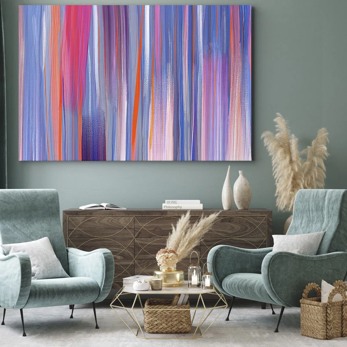 Quadro su tela - Stampe su Tela - Linee verticali astratte nelle tonalità del blu e del rosa - 70x50cm - Ascensione arcobaleno - Decorazione murale moderna per soggiorno e camera da letto ARTTOR