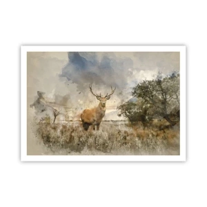 Poster - Un cervo in un ambiente naturale in stile acquerello - 100x70cm - Dignità - forza - maestosità - Decorazione murale moderna per soggiorno e camera da letto ARTTOR