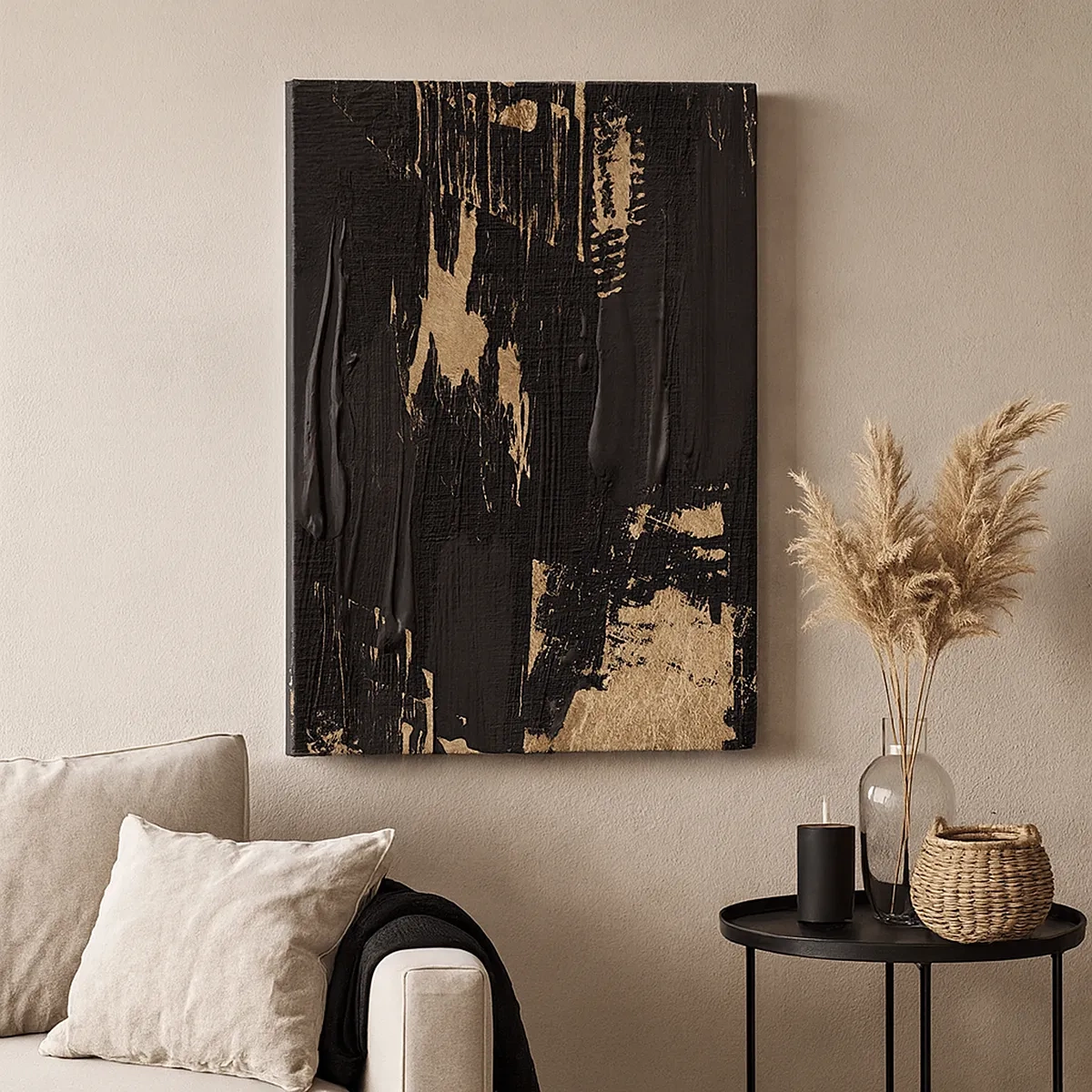 Quadro su tela - Stampe su Tela - Composizione astratta nei toni del nero e dell'oro - 50x70cm - Tracce del contatto - Decorazione murale moderna per soggiorno e camera da letto ARTTOR