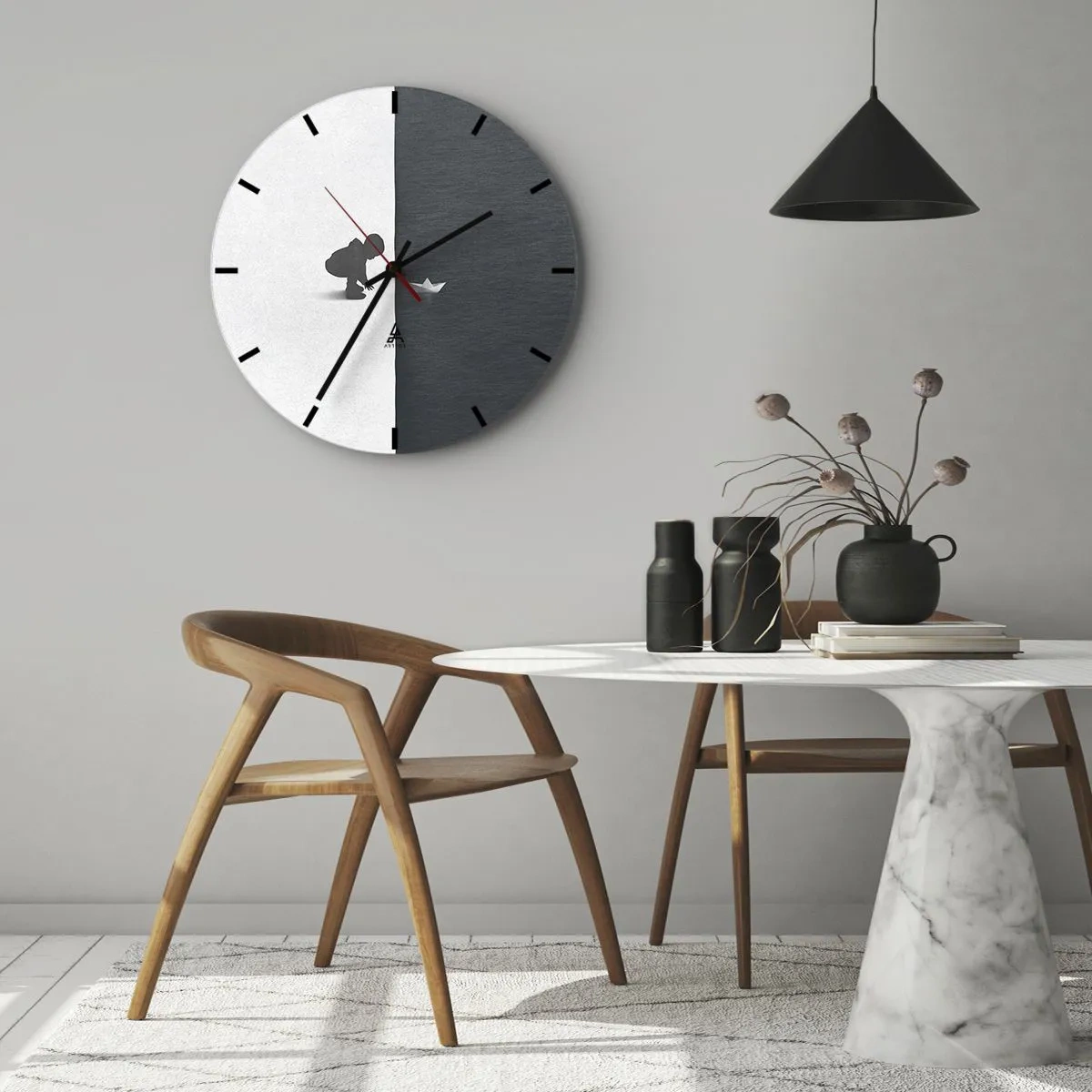 Orologio da parete - Orologio in Vetro - Silhouette di un bambino con una barchetta di carta su uno sfondo contrastante - 30x30cm - La grande spedizione - Decorazione murale moderna per soggiorno, cucina e camera da letto ARTTOR