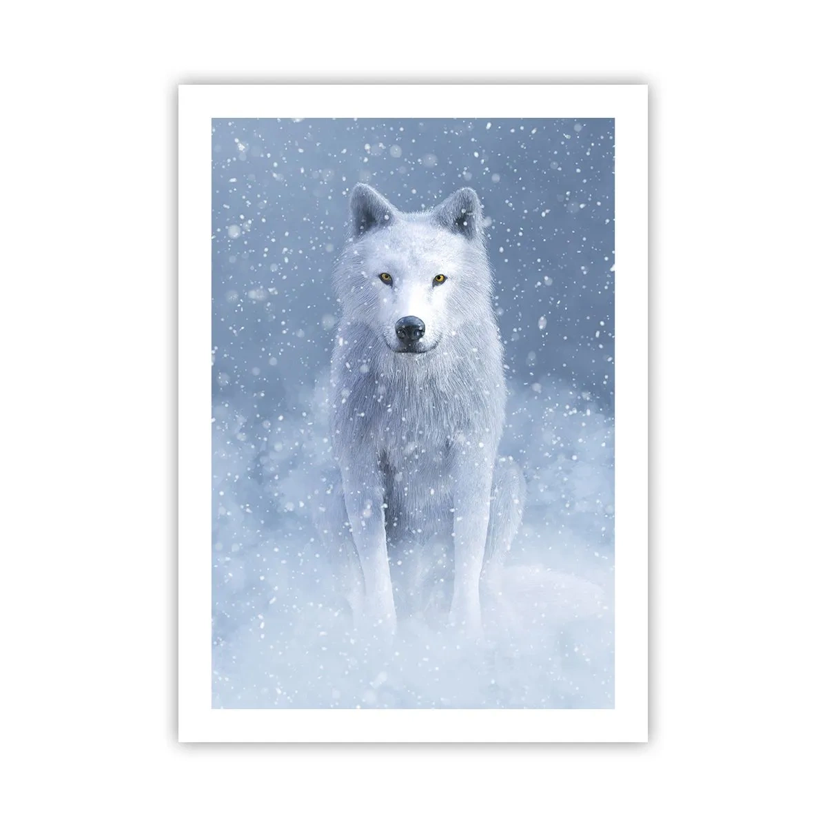 Poster - Un lupo bianco in un paesaggio invernale, circondato dalla neve. - 50x70cm - Nello spirito dell'inverno - Decorazione murale moderna per soggiorno e camera da letto ARTTOR