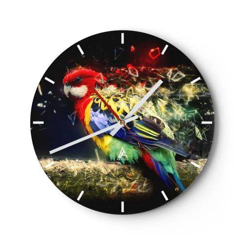 Orologio da parete - Orologio in Vetro - Un pappagallo colorato su uno sfondo astratto dinamico con elementi geometrici. - 30x30cm - Messaggero di luce - Decorazione murale moderna per soggiorno, cucina e camera da letto ARTTOR