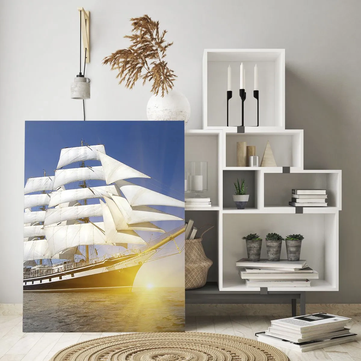 Quadro su vetro - Una nave a vela illuminata dai raggi del sole in mare aperto - 50x70cm - Il loro tempo non passa mai - Decorazione murale moderna per soggiorno e camera da letto ARTTOR