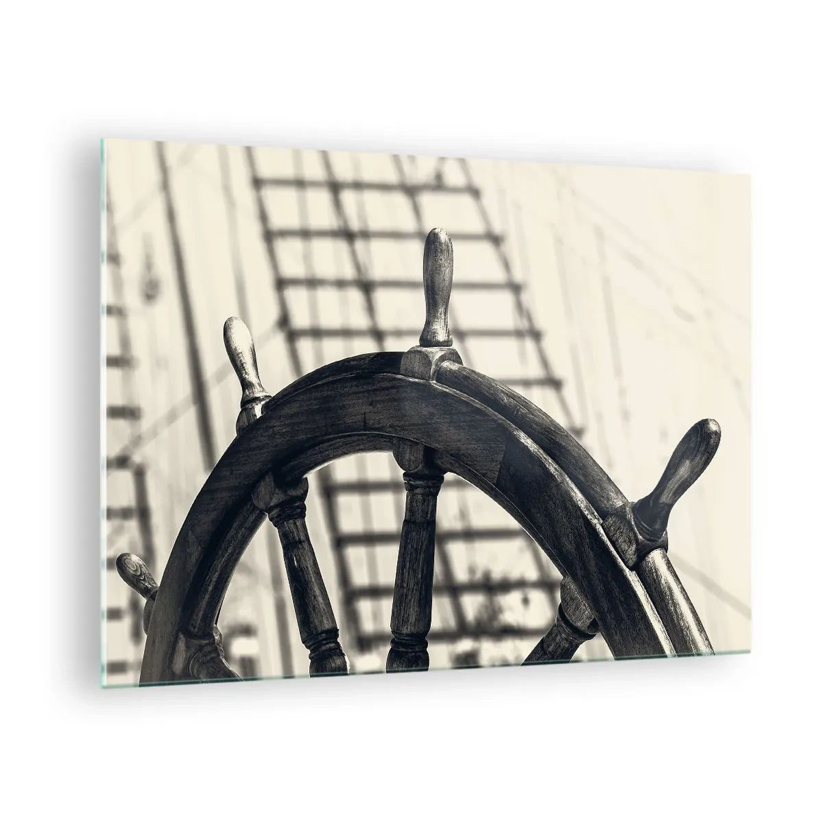 Quadro su vetro - Timone nautico bianco e nero - 70x50cm - Racconti del mare - Decorazione murale moderna per soggiorno e camera da letto ARTTOR