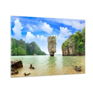 Quadro su vetro - Una roccia nell'acqua circondata da isole tropicali - 100x70cm - Meraviglie rocciose della natura - Decorazione murale moderna per soggiorno e camera da letto ARTTOR