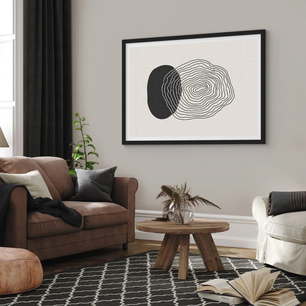 Poster in cornice nera - Motivo astratto con linee e forme in bianco e nero - 70x50cm - Durata e vibrazione - Decorazione murale moderna per soggiorno e camera da letto ARTTOR