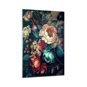 Quadro su vetro - Una composizione colorata di fiori su uno sfondo scuro - 80x120cm - Il fascino del 19esimo secolo - Decorazione murale moderna per soggiorno e camera da letto ARTTOR
