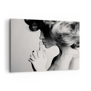 Quadro su tela - Stampe su Tela - Profilo in bianco e nero di una donna che fa un gesto di silenzio - 120x80cm - Ascoltando se stessa - Decorazione murale moderna per soggiorno e camera da letto ARTTOR