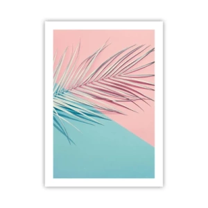 Poster - Una palma su uno sfondo di colori pastello rosa e blu - 50x70cm - Impressione tropicale - Decorazione murale moderna per soggiorno e camera da letto ARTTOR