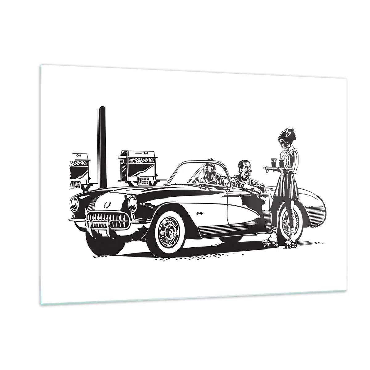 Quadro su vetro - Grafica creativa con un'auto classica e personaggi - 120x80cm - Anni '60: l'America spensierata - Decorazione murale moderna per soggiorno e camera da letto ARTTOR