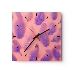 Orologio da parete - Orologio in Vetro - Piume viola e rosa su uno sfondo pastello - 30x30cm - L'uccello lilla del desiderio - Decorazione murale moderna per soggiorno e camera da letto ARTTOR