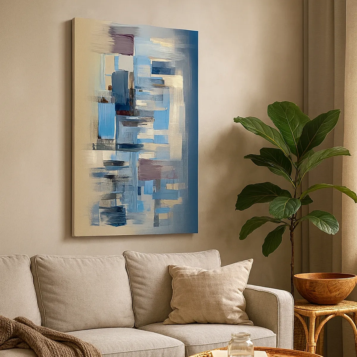 Quadro su tela - Stampe su Tela - Forme geometriche nei toni del blu e del beige - 50x70cm - Struttura blu - Decorazione murale moderna per soggiorno e camera da letto ARTTOR
