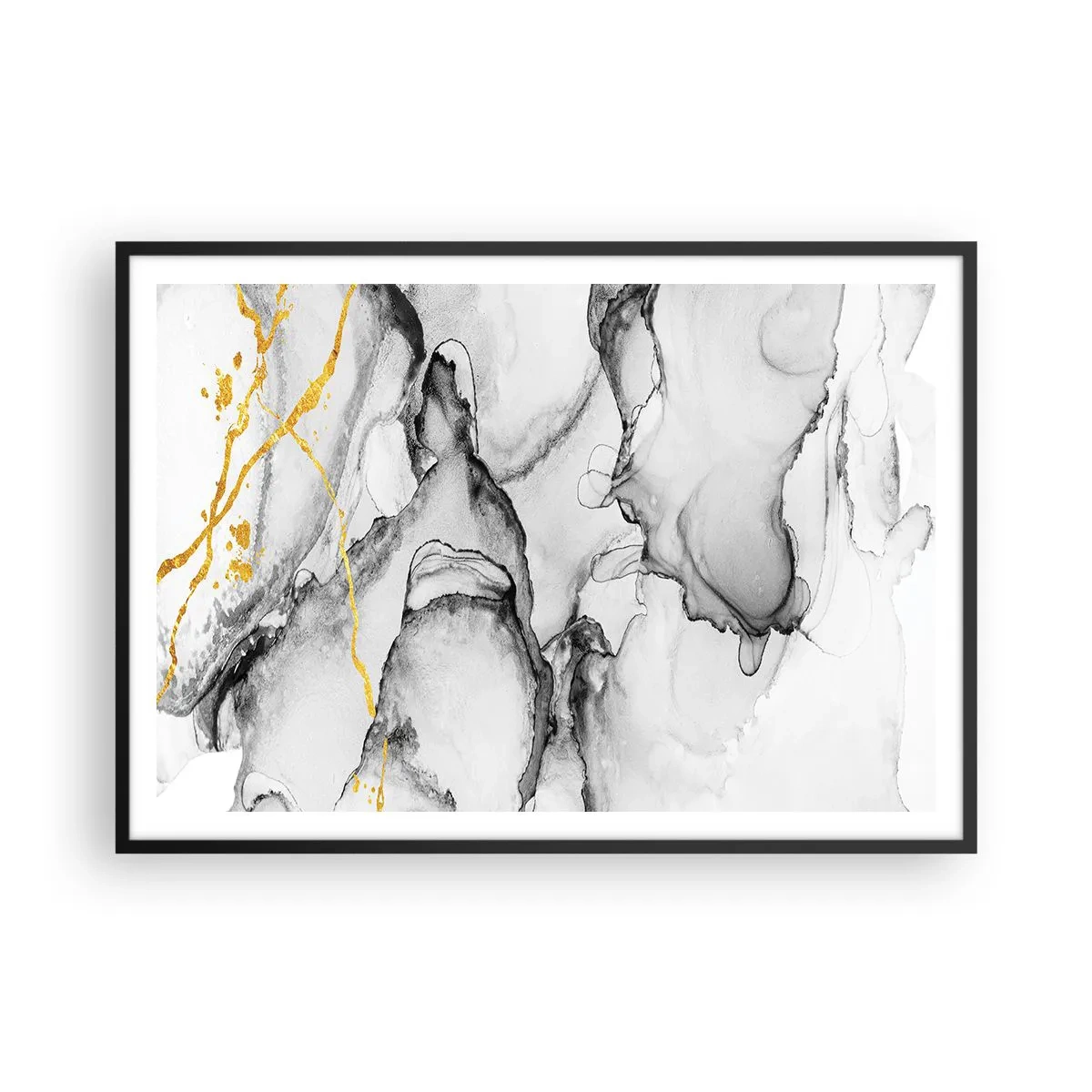 Poster in cornice nera - Motivi astratti in bianco e nero con accenti dorati - 100x70cm - Composizione con motivo d'oro - Decorazione murale moderna per soggiorno e camera da letto ARTTOR