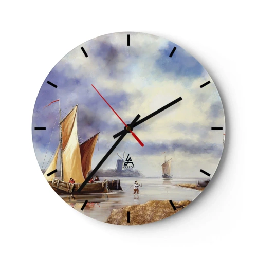 Orologio da parete - Orologio in Vetro - Barche a vela su acque calme con vista su un mulino a vento - 30x30cm - Il ritorno dei marinai - Decorazione murale moderna per soggiorno, cucina e camera da letto ARTTOR