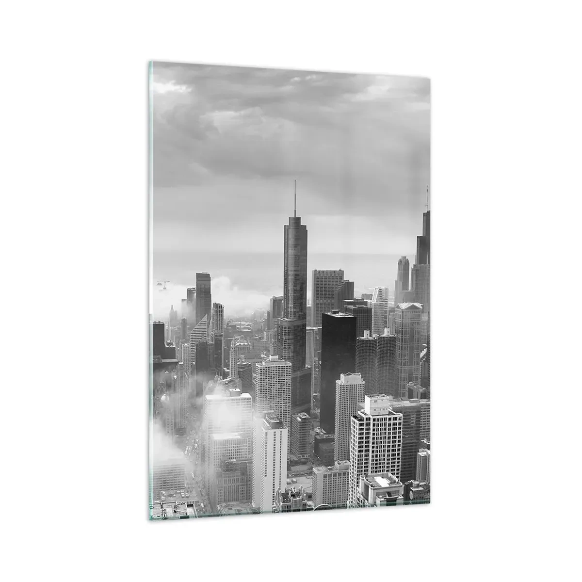 Quadro su vetro - Panorama della città con grattacieli tra le nuvole in bianco e nero - 80x120cm - Paesaggio americano - Decorazione murale moderna per soggiorno e camera da letto ARTTOR
