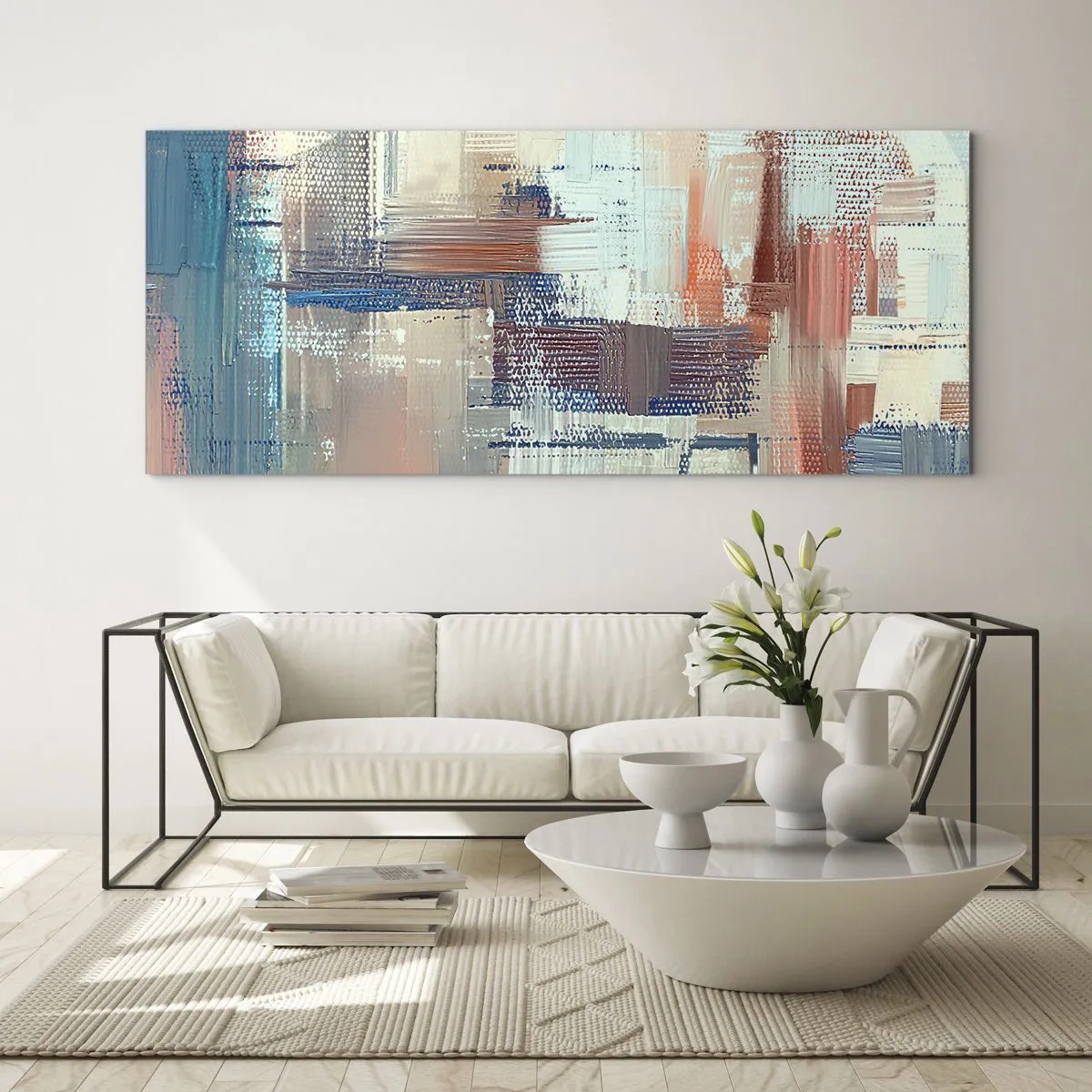 Quadro su vetro - Composizione astratta nei toni del blu e del beige - 160x50cm - Arrivando alla luce - Decorazione murale moderna per soggiorno e camera da letto ARTTOR
