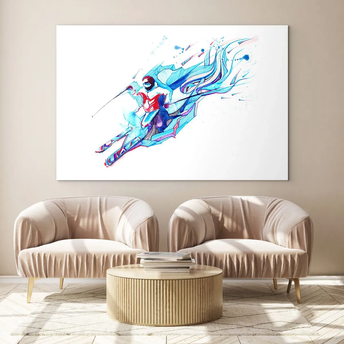 Quadro su vetro - Una figura dinamica di uno sciatore in colori astratti - 120x80cm - A tutta velocità verso la gioia - Decorazione murale moderna per soggiorno e camera da letto ARTTOR