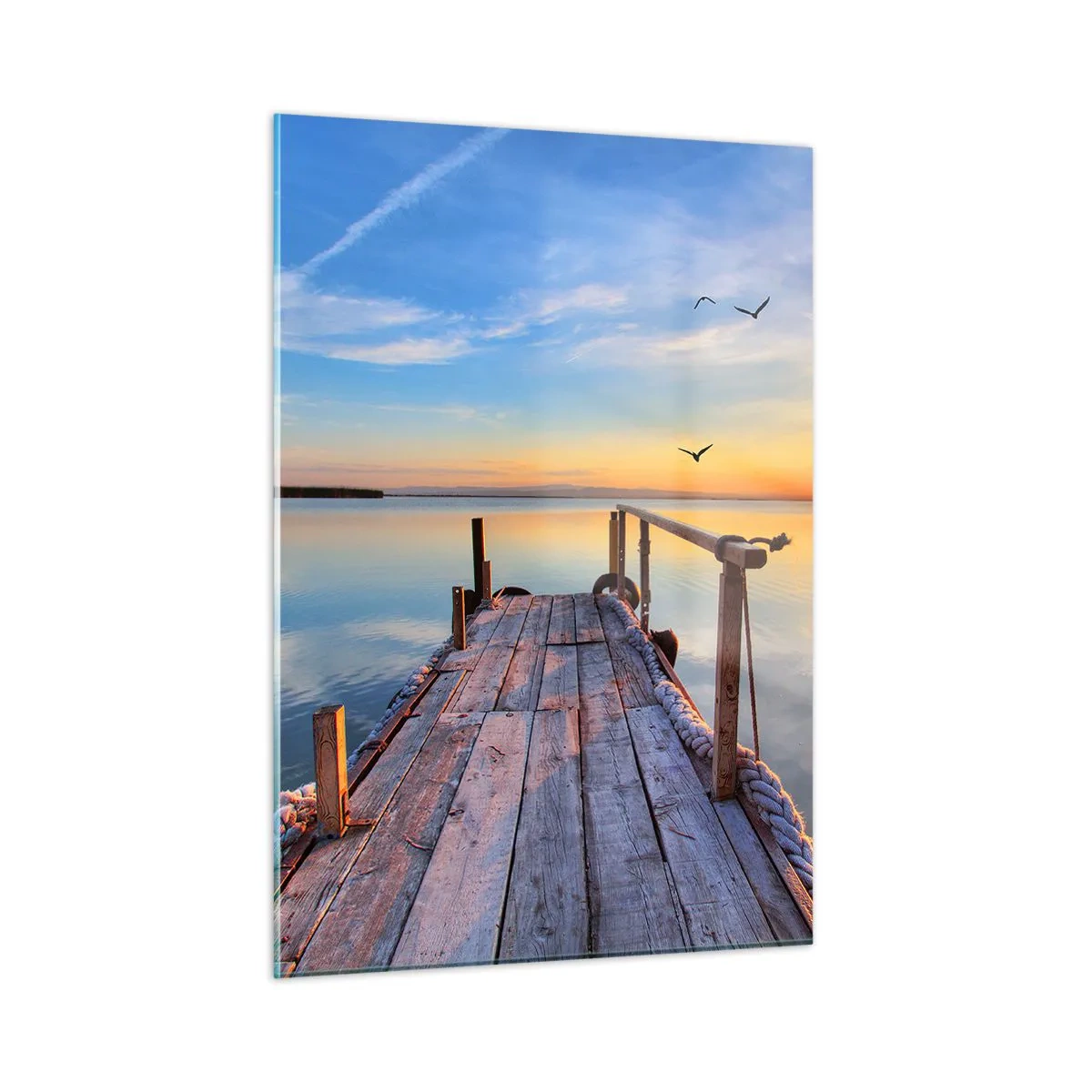 Quadro su vetro - Molo di legno sul lago al tramonto - 50x70cm - Camminando verso il sole - Decorazione murale moderna per soggiorno e camera da letto ARTTOR