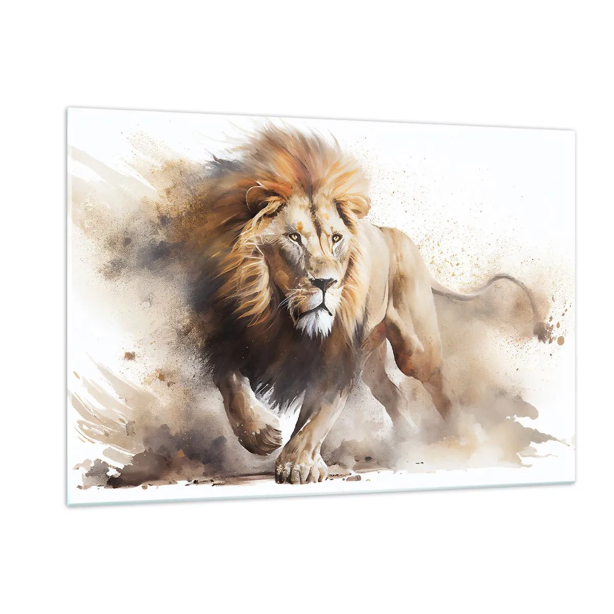 Quadro su vetro - Uno scatto dinamico in stile acquerello di un leone che corre - 120x80cm - Il re si è mosso - Decorazione murale moderna per soggiorno e camera da letto ARTTOR