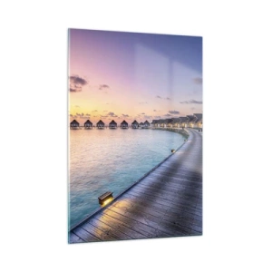 Quadro su vetro - Molo in legno che conduce a lussuosi cottage sul lungomare al tramonto - 50x70cm - Vacanze: ritorno alle fonti - Decorazione murale moderna per soggiorno e camera da letto ARTTOR