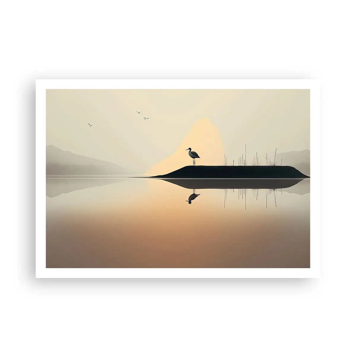 Poster - Un uccello su un'isola in un lago calmo con tonalità calde - 100x70cm - Il signore del lago - Decorazione murale moderna per soggiorno e camera da letto ARTTOR