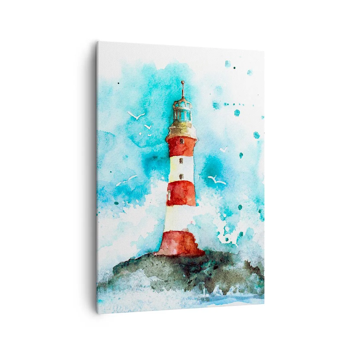 Quadro su tela - Stampe su Tela - Un faro in un ambiente acquerello con uno sfondo blu - 70x100cm - L'unità dei quattro elementi - Decorazione murale moderna per soggiorno e camera da letto ARTTOR