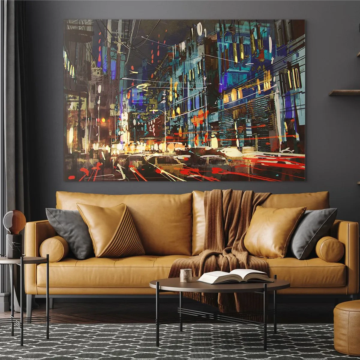 Quadro su vetro - Strada cittadina serale con luci al neon e traffico - 100x70cm - Frastuono serale della strada - Decorazione murale moderna per soggiorno e camera da letto ARTTOR