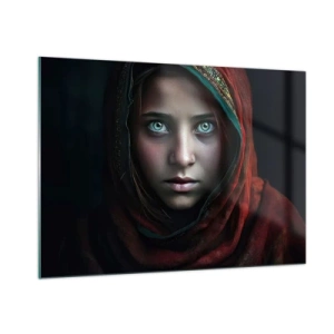 Quadro su vetro - Ritratto di una donna con una sciarpa rossa su uno sfondo scuro - 100x70cm - Principessa d'oriente - Decorazione murale moderna per soggiorno e camera da letto ARTTOR