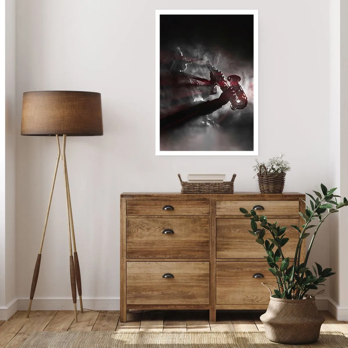 Poster - La forte silhouette del sassofonista in un'atmosfera jazz - 50x70cm - Nei fumi del jazz - Decorazione murale moderna per soggiorno e camera da letto ARTTOR