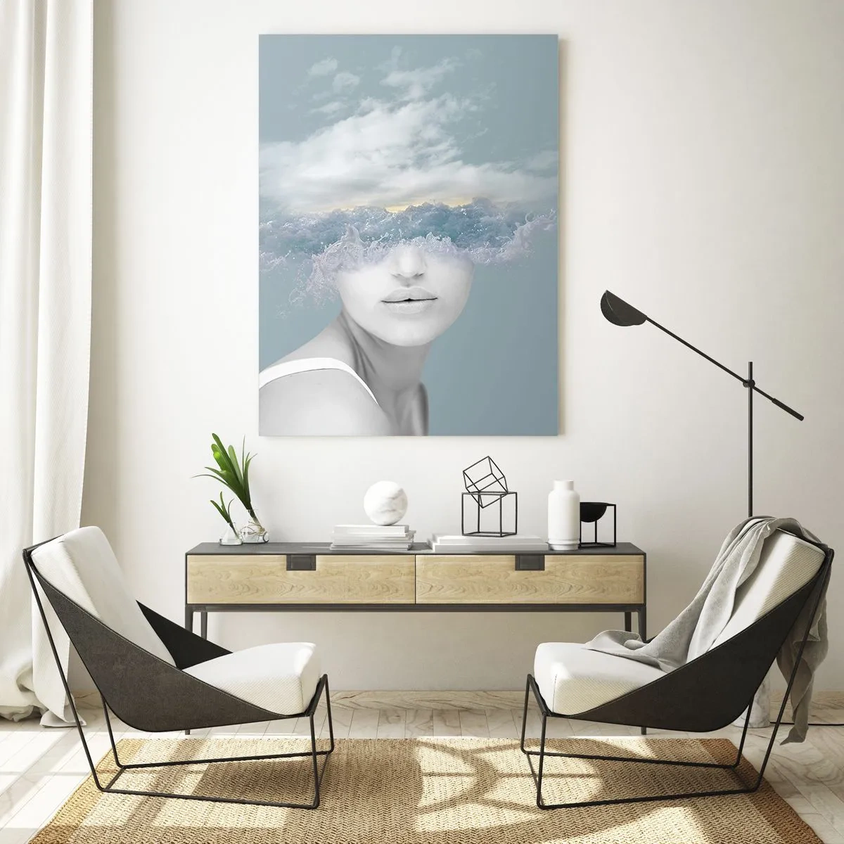 Quadro su vetro - Il volto di una donna si fonde con il cielo e le nuvole in una visione surreale. - 50x70cm - Con la testa tra le nuvole - Decorazione murale moderna per soggiorno e camera da letto ARTTOR