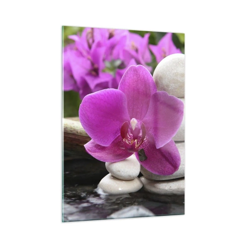Quadro su vetro - Orchidea viola, pietre e cascata di bambù - 50x70cm - E già ti riposi - Decorazione murale moderna per soggiorno e camera da letto ARTTOR