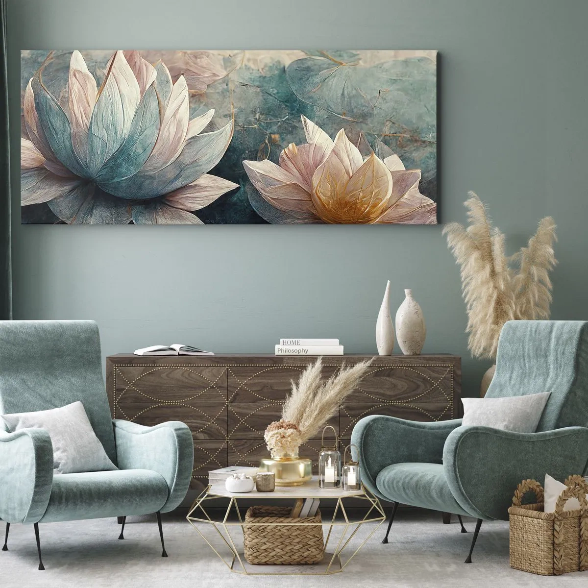 Quadro su tela - Stampe su Tela - Delicate ninfee in tonalità pastello di blu e oro - 120x50cm - Le stelle del lago - Decorazione murale moderna per soggiorno e camera da letto ARTTOR