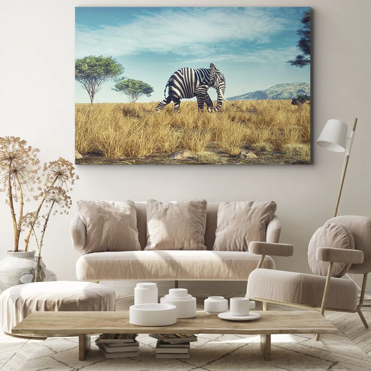 Quadro su tela - Stampe su Tela - Zebra in un paesaggio africano - 70x50cm - Il grigio non è più di moda - Decorazione murale moderna per soggiorno e camera da letto ARTTOR