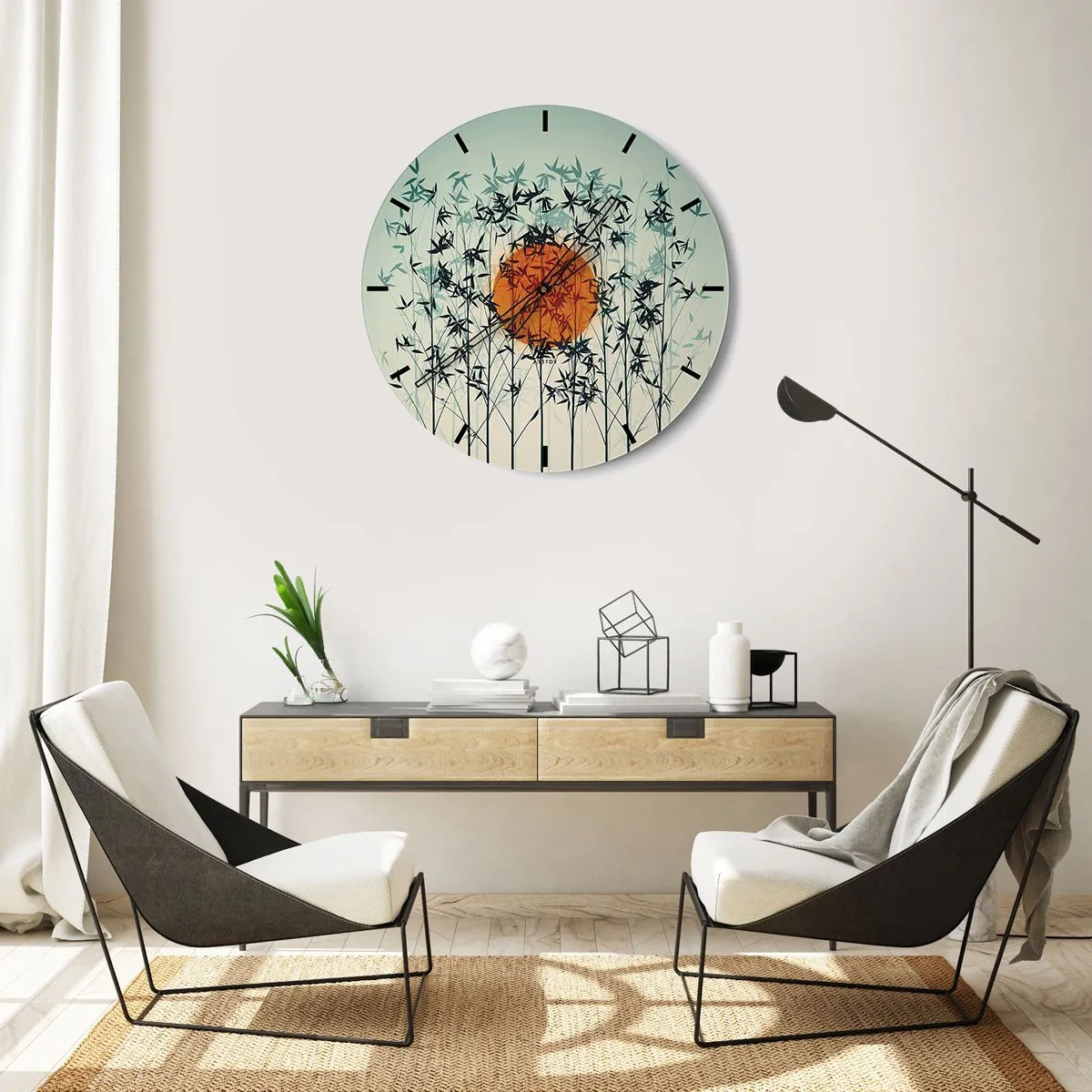 Orologio da parete - Orologio in Vetro - Foglie di bambù contro il sole arancione e il cielo luminoso - 30x30cm - Sole giapponese - Decorazione murale moderna per soggiorno, cucina e camera da letto ARTTOR