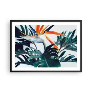 Poster in cornice nera - Fiore di Strelitzia circondato da foglie in piena luce - 70x50cm - Pianta uccello - Decorazione murale moderna per soggiorno e camera da letto ARTTOR