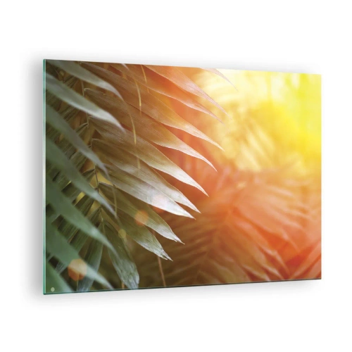 Quadro su vetro - Foglie di palma al chiarore del sole mattutino in un ambiente tropicale - 70x50cm - L'alba nella giungla - Decorazione murale moderna per soggiorno e camera da letto ARTTOR