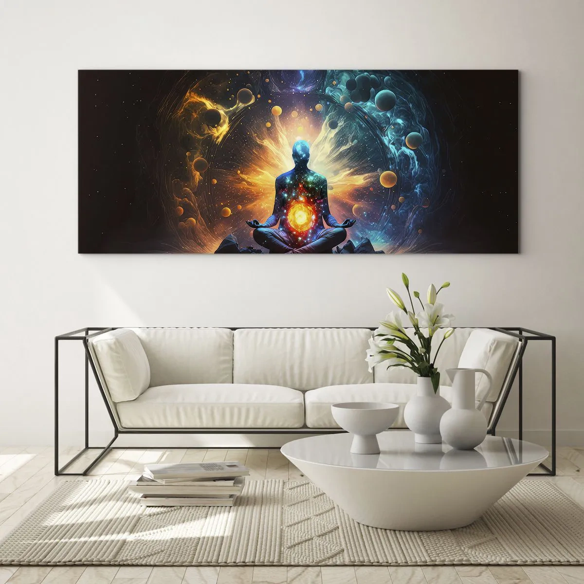 Quadro su vetro - Una figura in meditazione circondata da un'aura cosmica - 120x50cm - Pace cosmica - Decorazione murale moderna per soggiorno e camera da letto ARTTOR