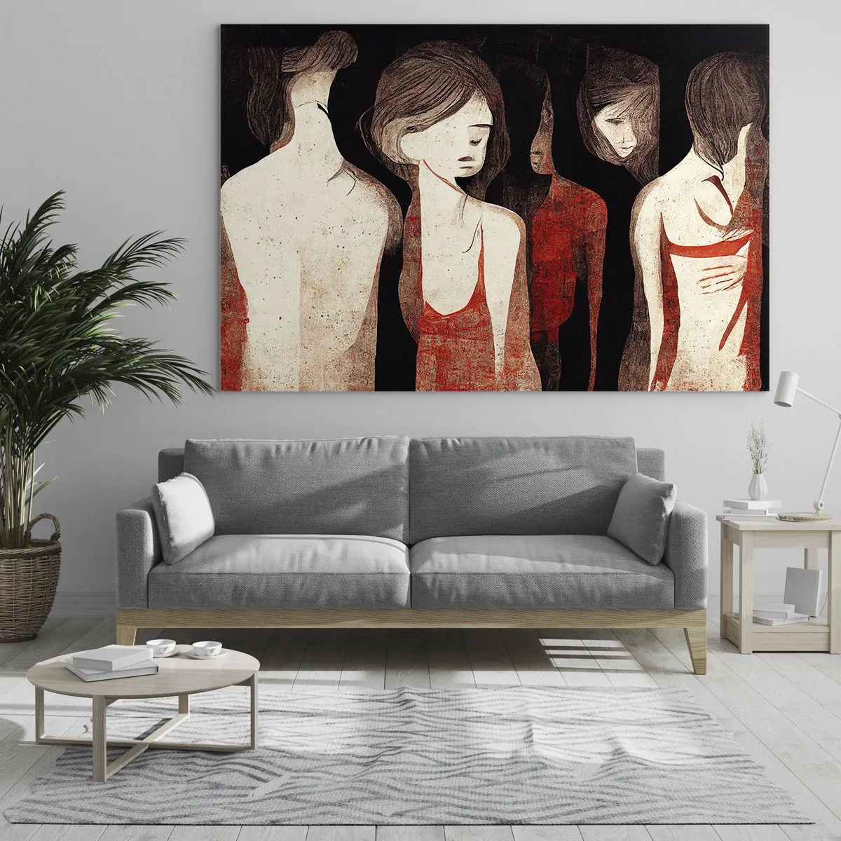 Quadro su vetro - Silhouette femminili astratte in rosso su sfondo nero - 70x50cm - Madonne nell'oscurità - Decorazione murale moderna per soggiorno e camera da letto ARTTOR