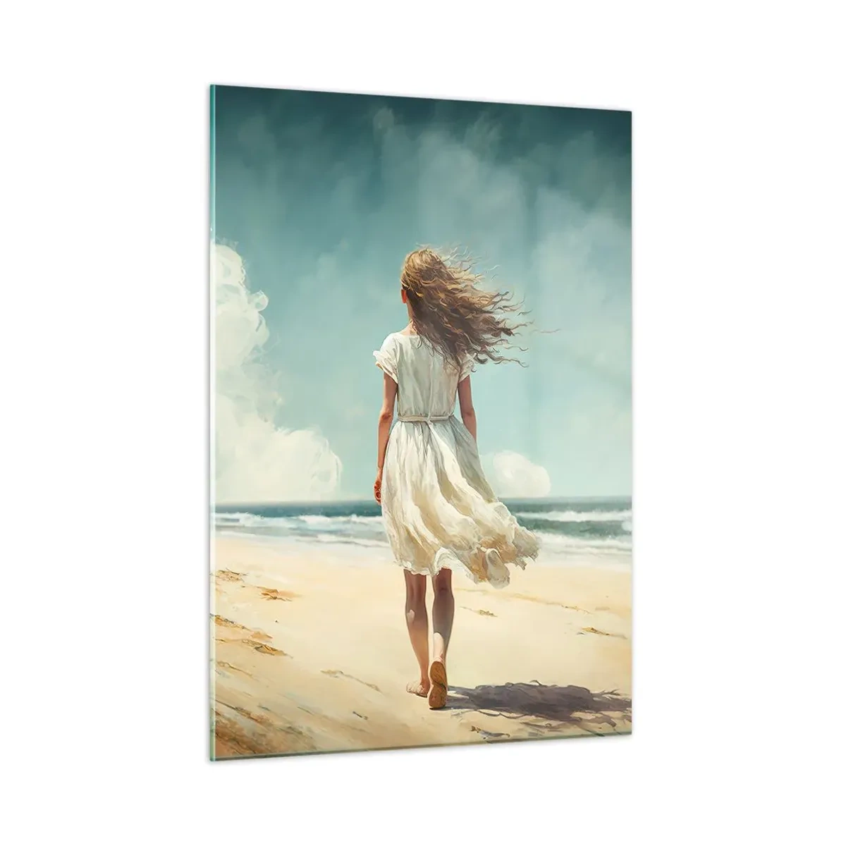 Quadro su vetro - Una donna in abito bianco cammina a piedi nudi su una spiaggia assolata - 50x70cm - Dove sole e vento si incontrano - Decorazione murale moderna per soggiorno e camera da letto ARTTOR