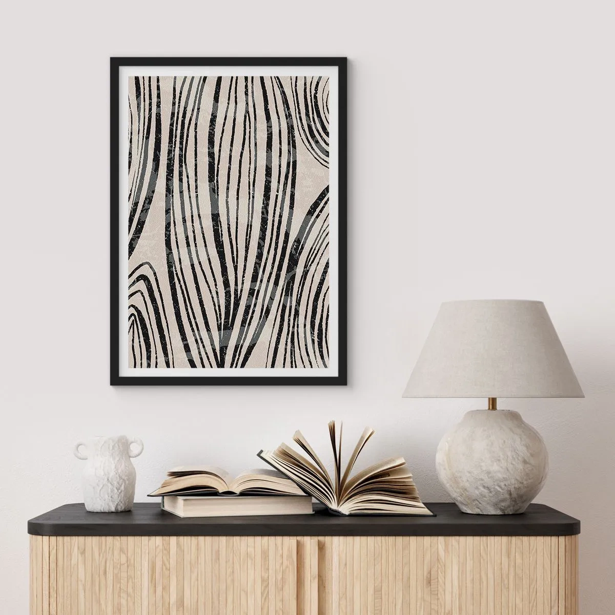 Poster in cornice nera - Linee nere astratte su sfondo beige - 50x70cm - Una palude di linee - Decorazione murale moderna per soggiorno e camera da letto ARTTOR
