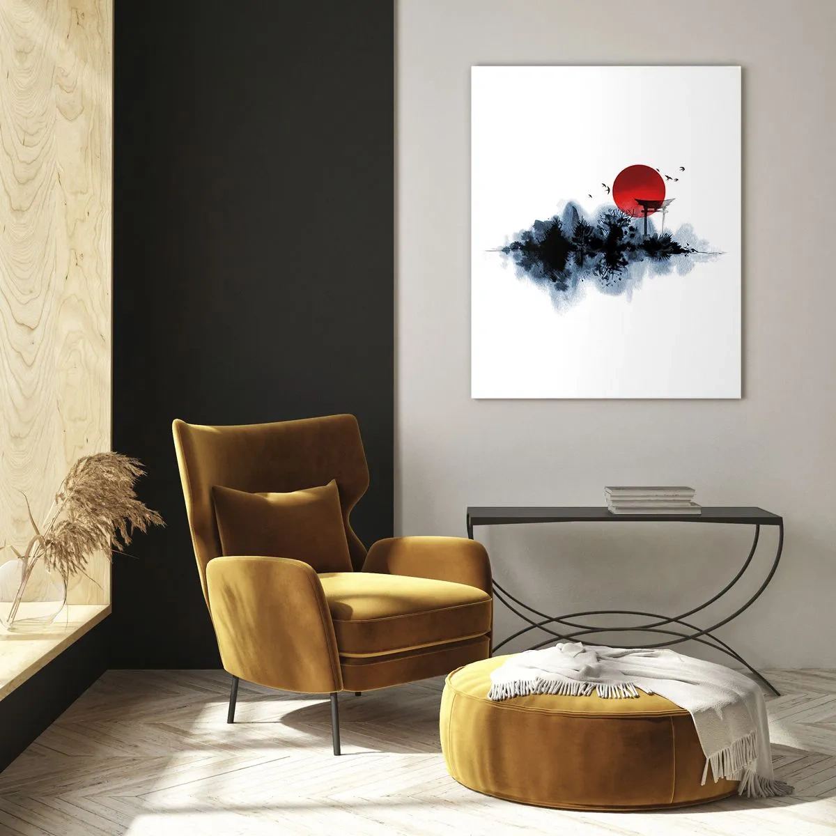 Quadro su vetro - Un paesaggio minimalista con un portale torii e un sole rosso. - 50x70cm - Vista giapponese - Decorazione murale moderna per soggiorno e camera da letto ARTTOR
