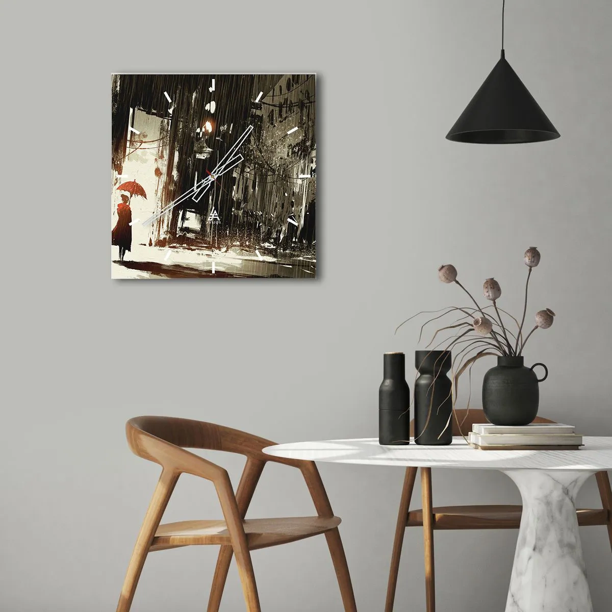 Orologio da parete - Orologio in Vetro - Una figura rossa con un ombrello in una scena piovosa - 30x30cm - La poesia dell'ombrello rosso - Decorazione murale moderna per soggiorno e camera da letto ARTTOR