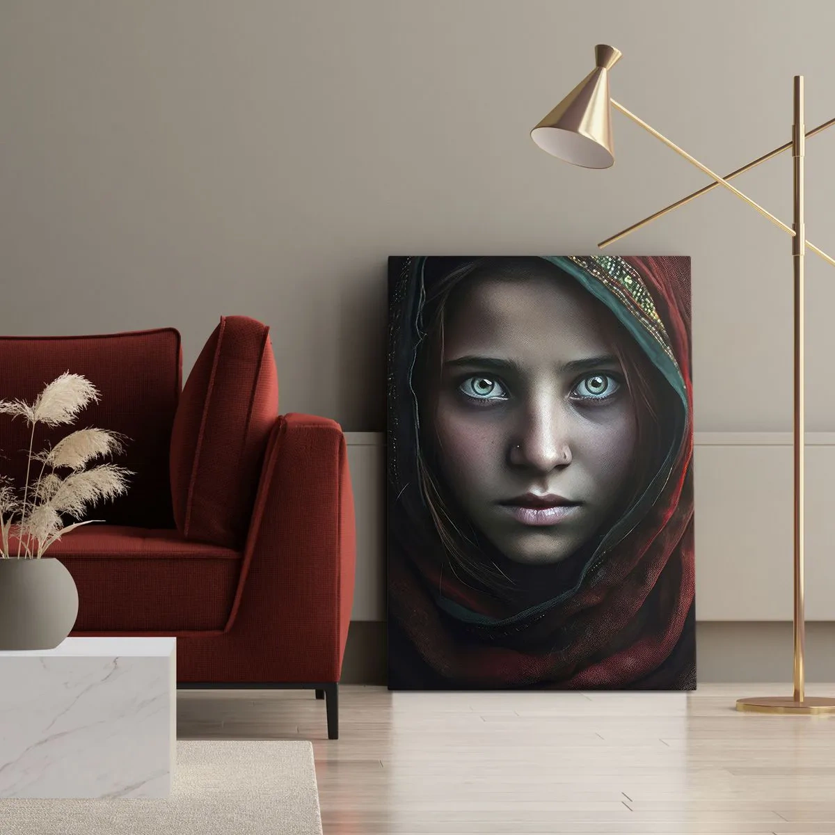 Quadro su tela - Stampe su Tela - Ritratto di donna dallo sguardo intenso dai colori caldi - 50x70cm - Principessa d'oriente - Decorazione murale moderna per soggiorno e camera da letto ARTTOR