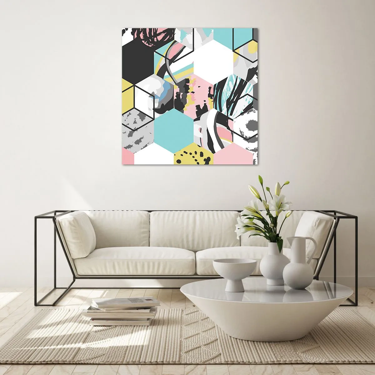 Quadro su vetro - Esagoni e cubi in sei tonalità - 50x50 cm