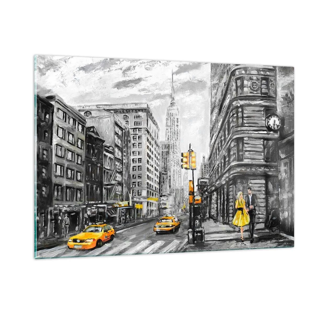 Quadro su vetro - Un'illustrazione della città di New York nei toni del bianco e del nero con accenti gialli. - 120x80cm - Racconto di New York - Decorazione murale moderna per soggiorno e camera da letto ARTTOR