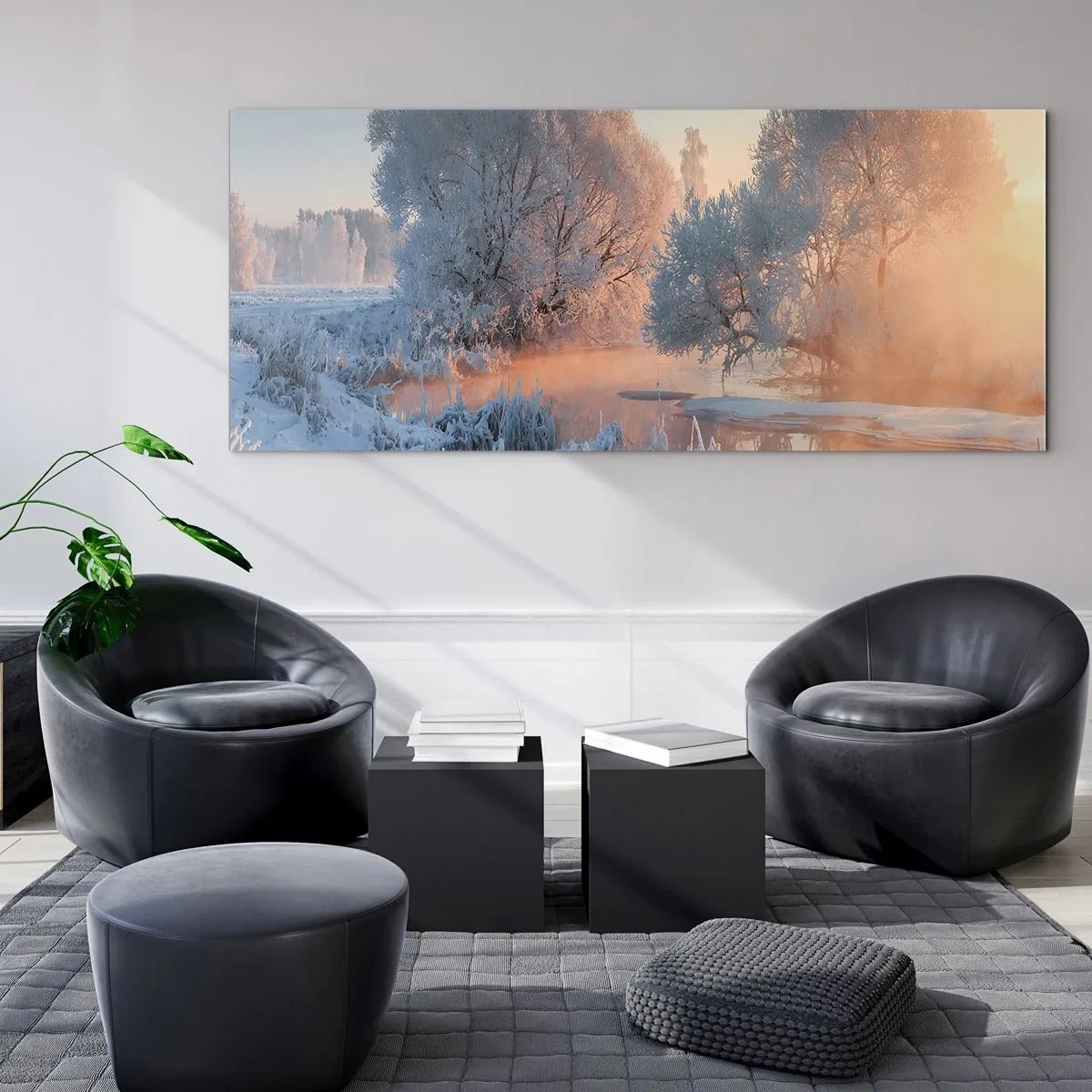 Quadro su vetro - Paesaggio invernale con alberi innevati e tramonto - 140x50cm - Tutto brilla al sole nel cristallo - Decorazione murale moderna per soggiorno e camera da letto ARTTOR