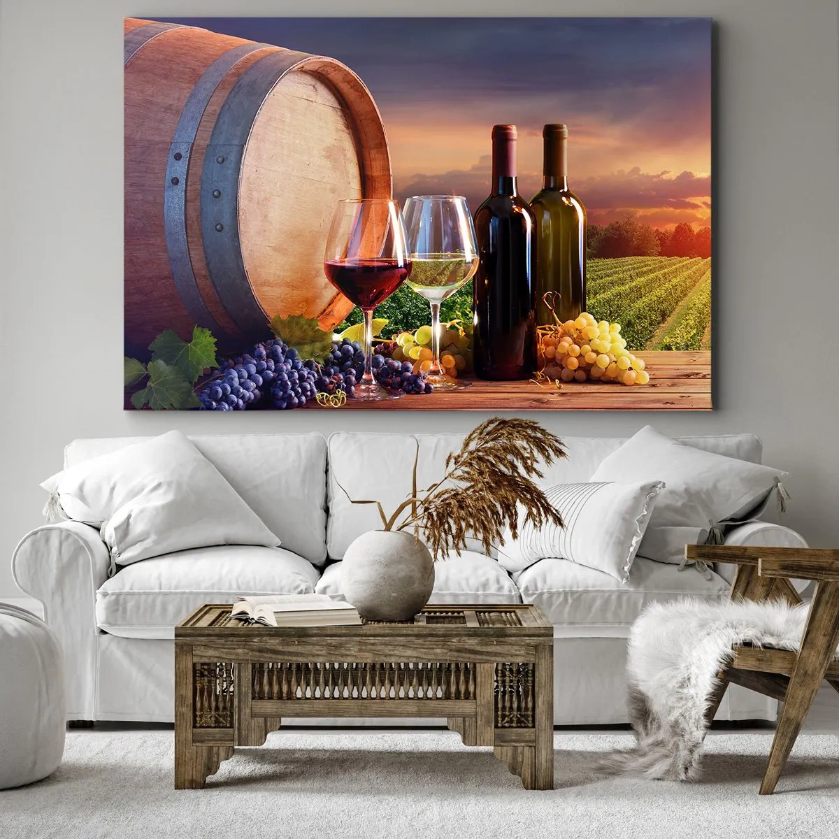 Quadro su tela - Stampe su Tela - Vino, bicchieri e una botte in un paesaggio pittoresco - 100x70cm - Qui la vita ha gusto - Decorazione murale moderna per soggiorno e camera da letto ARTTOR